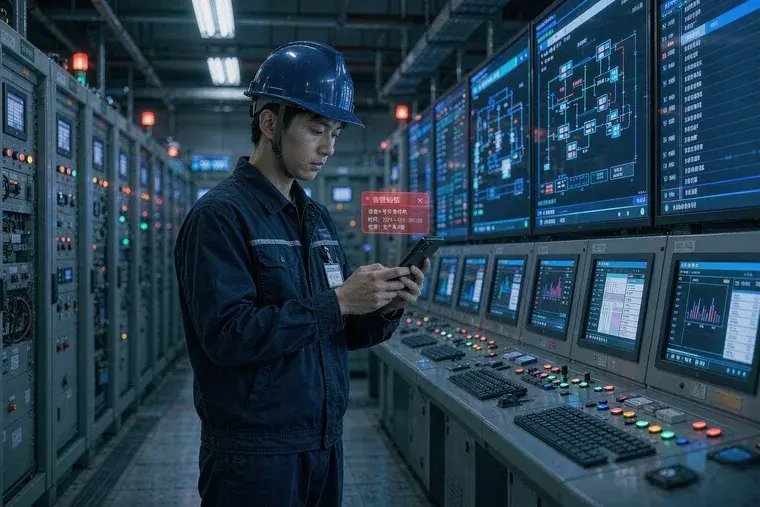 工程师在工厂控制室查看工业告警短信